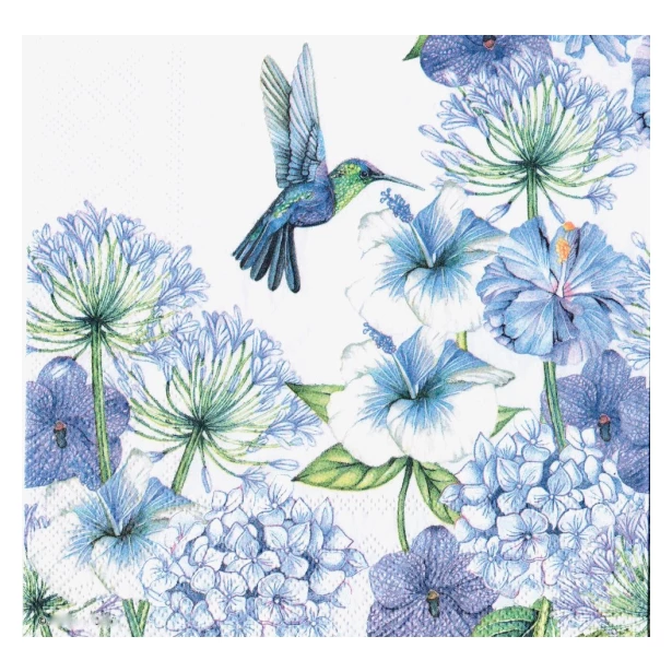 Serwetka - Koliber, niebieskie kwiaty