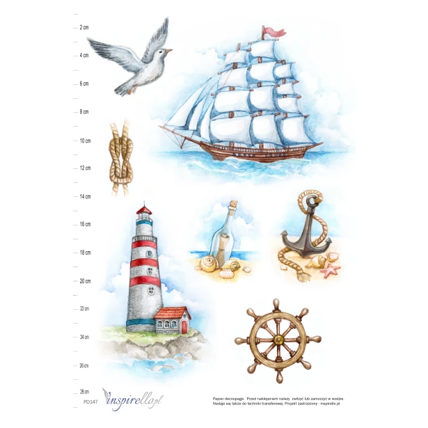 Papier decoupage - dla dzieci: morze, statek, kotwica