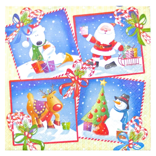 Serwetka  -  cztery obrazki - Mikołaj, miś, renifer i bałwanek