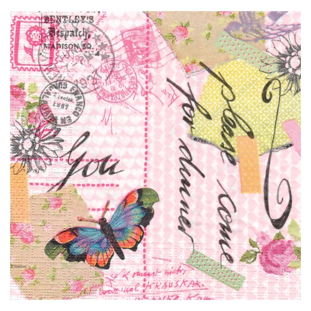 Serwetka  - kwiaty,  motyl, pocztówka