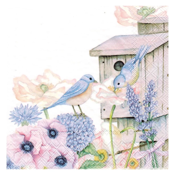 Serwetka - kwiaty, ptaszki, domek dla ptaszków