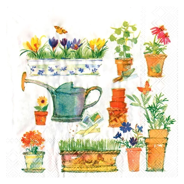 Serwetka - ogródek, kwiaty, konewka