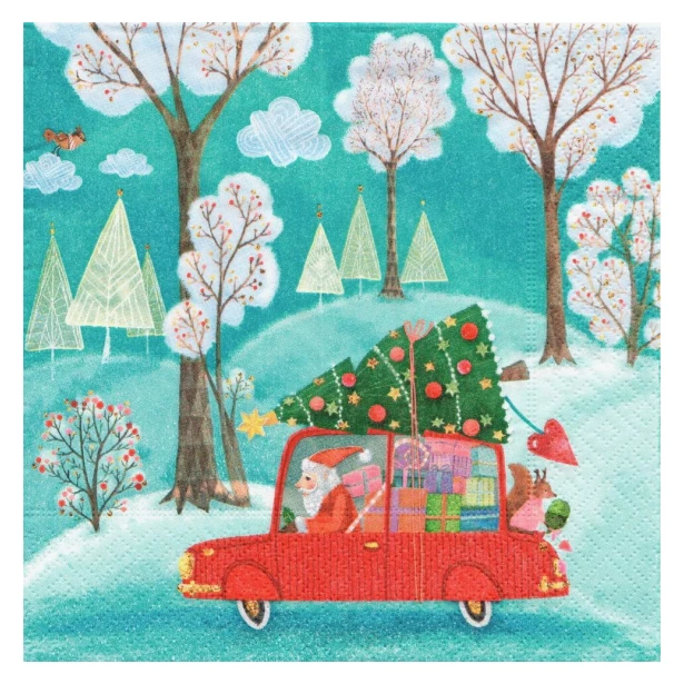 Serwetka - samochód świąteczny, las