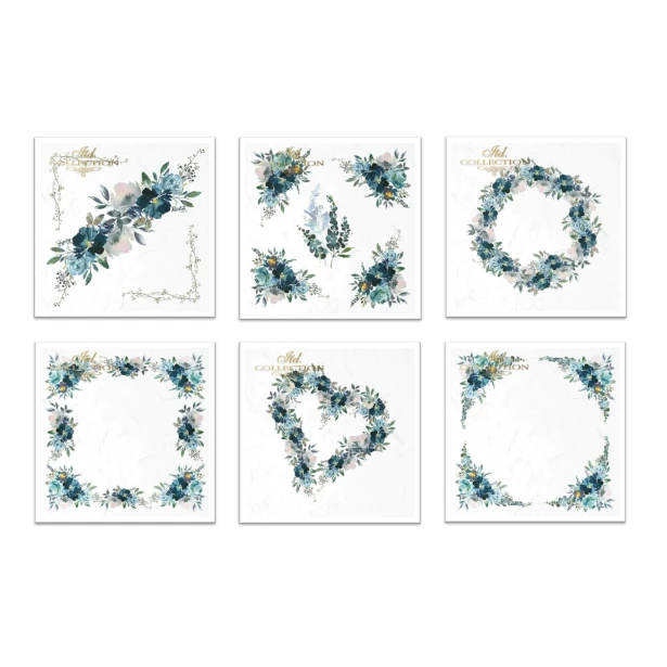Zestaw papierów ryżowych 14,8x14,8cm Niebieskie akwarele, kompozycje z kwiatów, dekory - 6