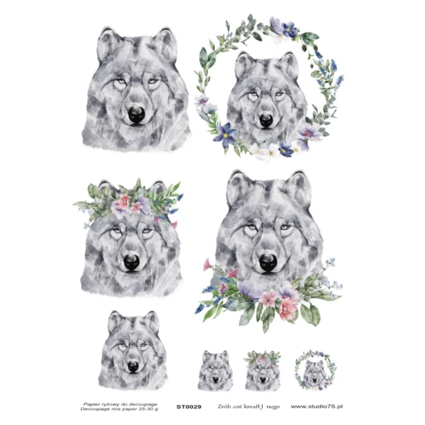 PAPIER RYŻOWY A4 - Wilki, kwiaty