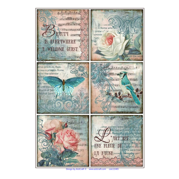 Papier ryżowy A4 AistCraft - Kwiaty, Motyl, Ptak, Pismo, Nuty