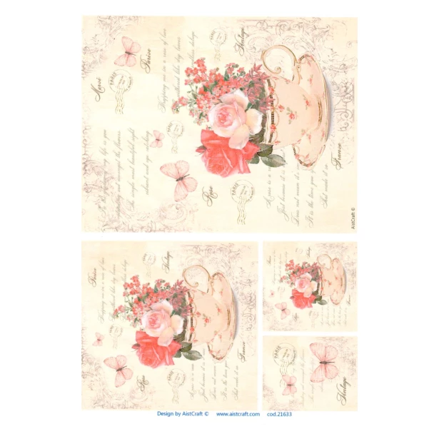Papier ryżowy A4 AistCraft - Filiżanki, Czerwone kwiaty, Motyle, Pismo