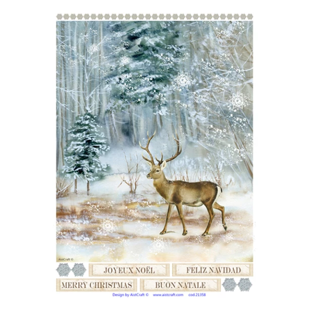Papier ryżowy A4 AistCraft - Boże Narodzenie, Zimowy las, Jeleń