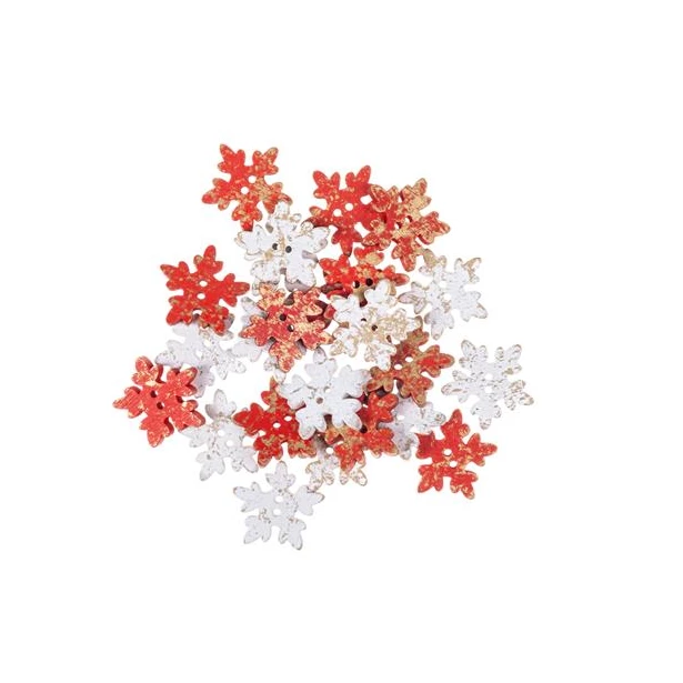Drewniane guziki śnieżynki czerwone&białe złocone 2,5cm - 24 sztuki