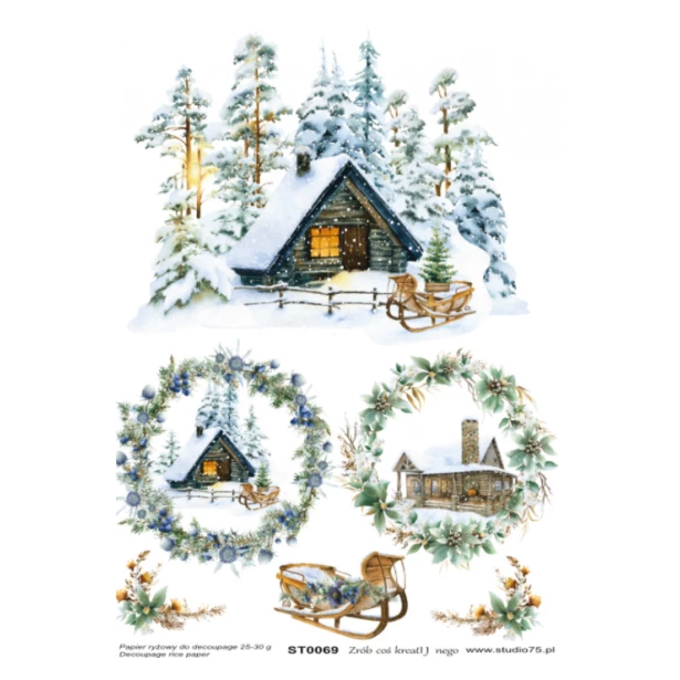 PAPIER RYŻOWY A4 - Święta, zima, las, sanie