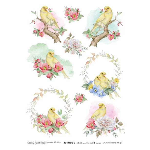 PAPIER RYŻOWY A4 - Wiosna, ptaki, kwiaty