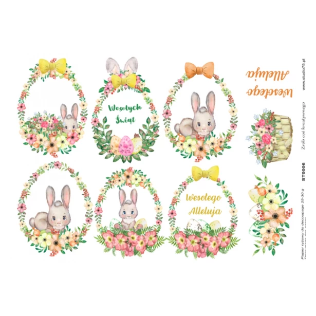 PAPIER RYŻOWY A4 - Wielkanoc, króliczki, jajka, kwiaty, napisy