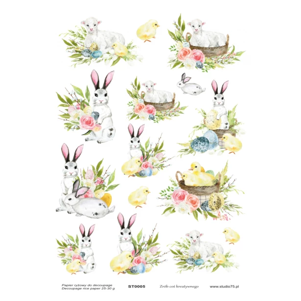 PAPIER RYŻOWY A4 - Wielkanoc, króliczki, baranek, pisanki, kwiaty, kurczaki