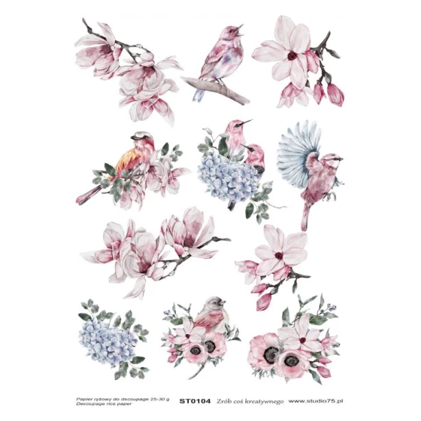 PAPIER RYŻOWY A4 - Ptaki, kwiaty, wiosna, magnolia