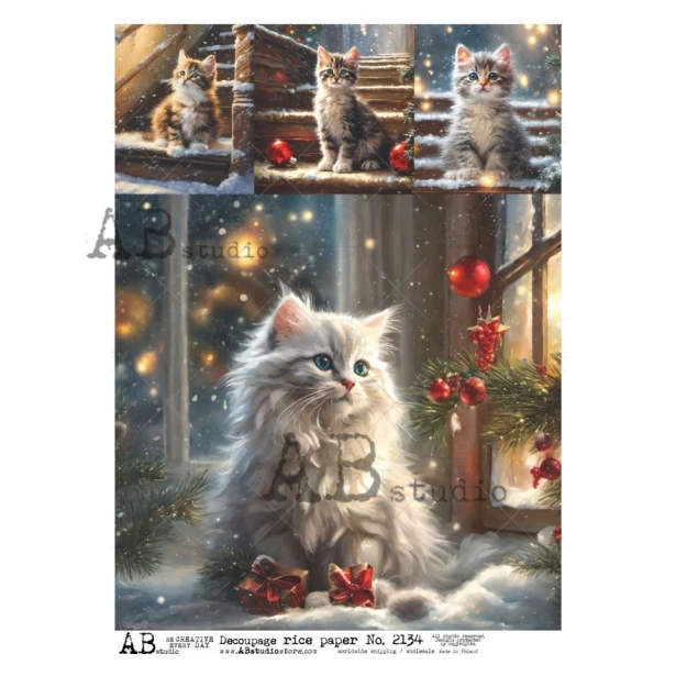 Papier ryżowy A4 - Boże Narodzenie, Kotki, Śnieg