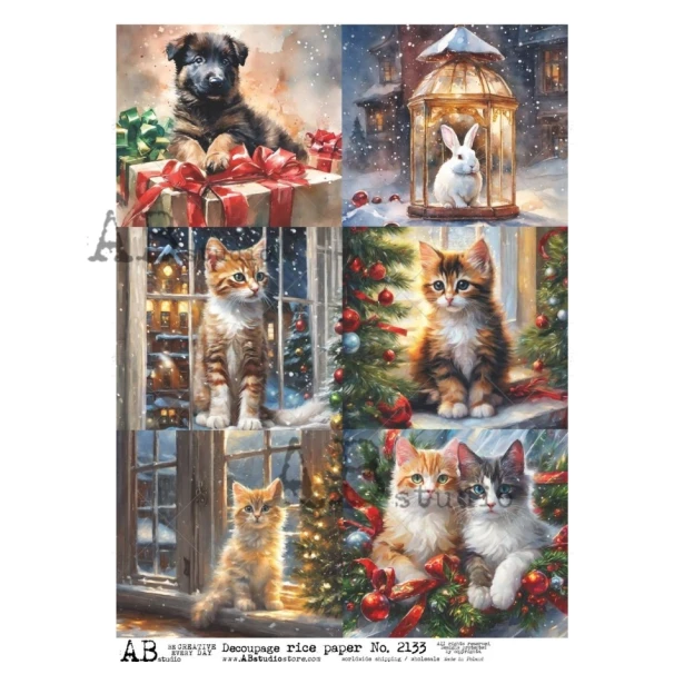 Papier ryżowy A4 - Boże Narodzenie, Kotki, Pieski