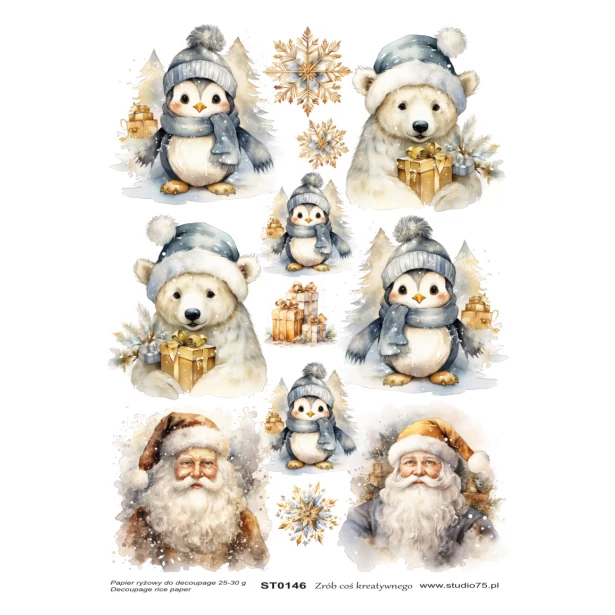 PAPIER RYŻOWY A4 - Boże Narodzenie, Pingwin, Miś Polarny
