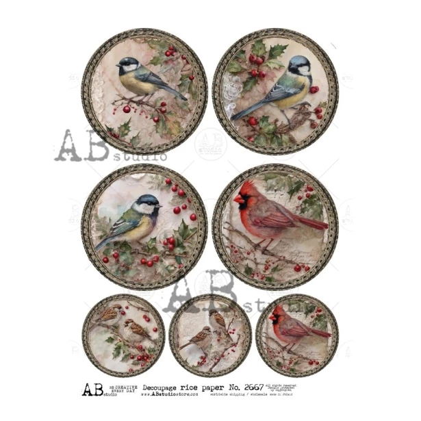 Papier ryżowy A4 - Poinsecje, ptaszki, gałązki, dekory