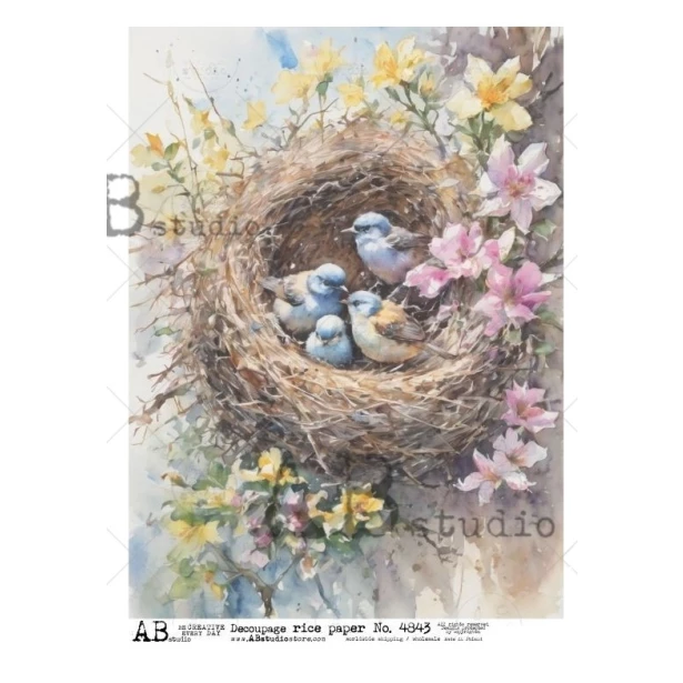 Papier ryżowy A4 - Ptaszki, Gniazdo, Wiosna