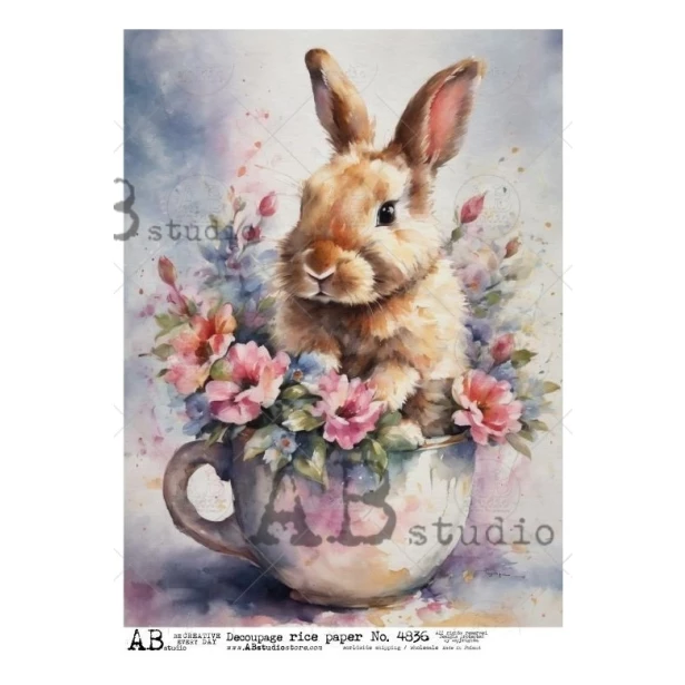 Papier ryżowy A4 - Królik, Zajączek, Wielkanoc, Kwiaty