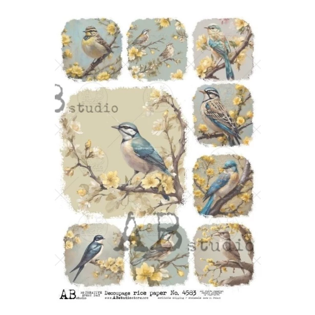 Papier ryżowy A4 - Ptaki, ptaszki, gałązki, kwiaty