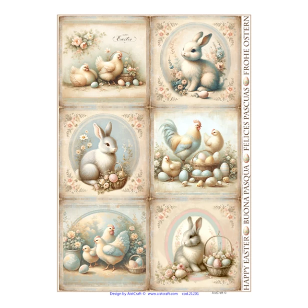 PAPIER RYŻOWY A4 - Wielkanoc, króliczki, zajączki, kury, pisanki