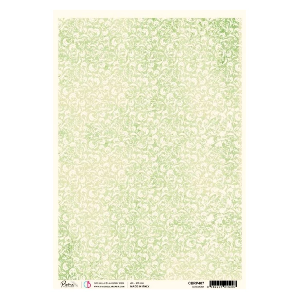 Papier ryżowy A4 CIAO BELLA - zielone tło, białe wzorki, zawijasy