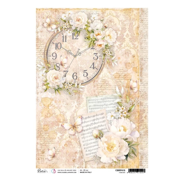 Papier ryżowy A4 CIAO BELLA - kwiaty, nuty, zegar, motyle