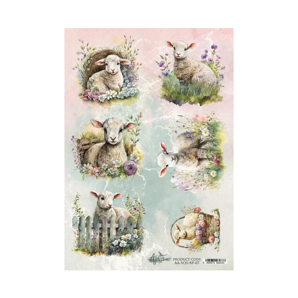 PAPIER RYŻOWY A4 - BARANEK, OWIECZKA, KWIATY, WIELKANOC