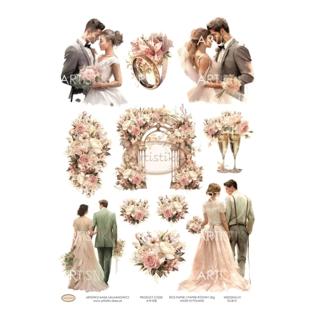Papier ryżowy A4 - Ślub, kwiaty, para młoda