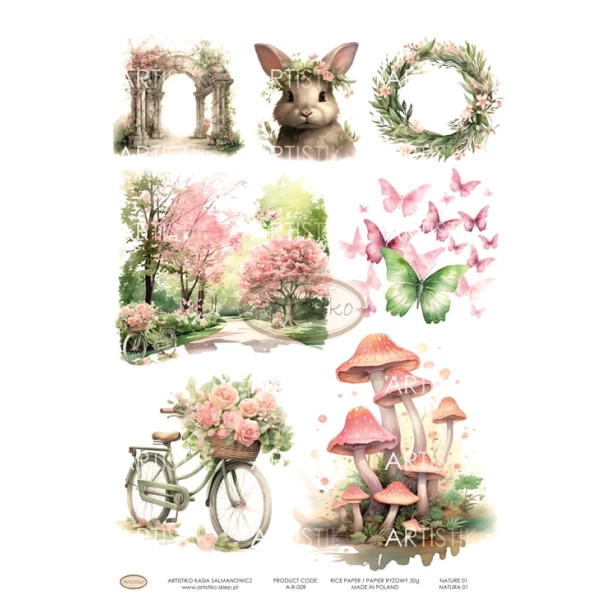 Papier ryżowy A4 - Wiosna, motyle, rower, kwiaty