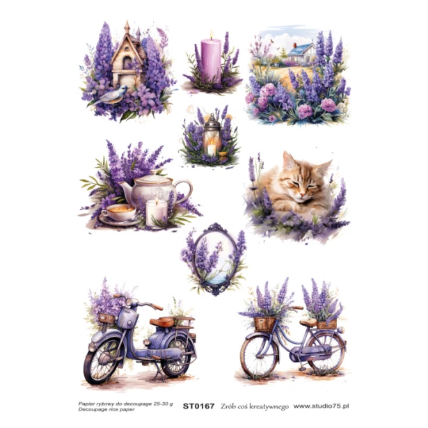 Papier ryżowy A4 - Lawenda, kot, rower, widok