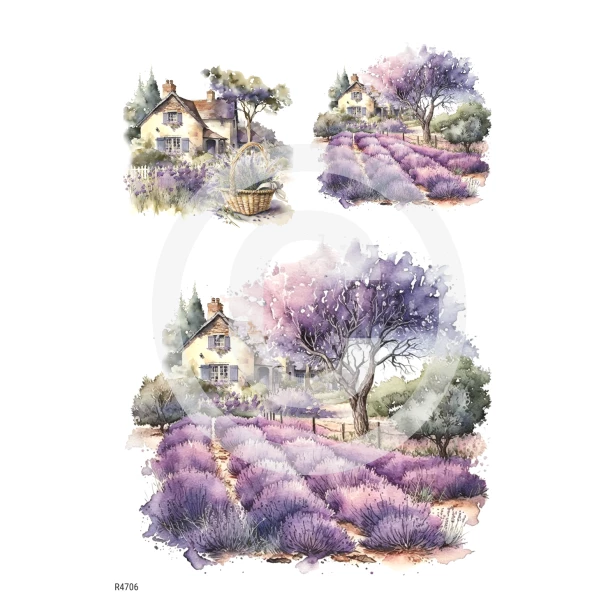 PAPIER RYŻOWY A4 - Widok, Lawenda, Domek