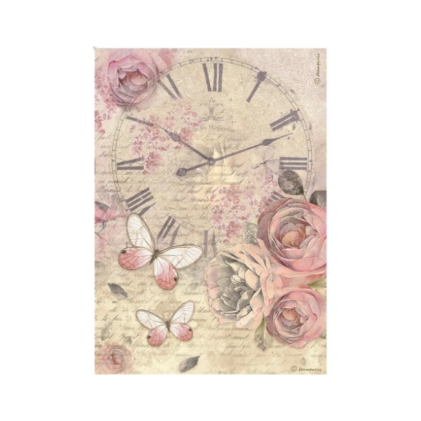 Papier ryżowy A4 - FORTUNA SHABBY ROSE, RÓŻE, MOTYL, ZEGAR