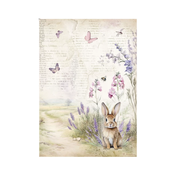 Papier ryżowy A4 - LAVENDER ZAJĄCZEK, NAPISY