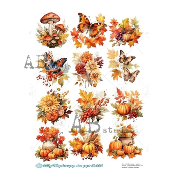 PAPIER RYŻOWY  A4 -  motyl, liście, dynie, kwiaty, jesień