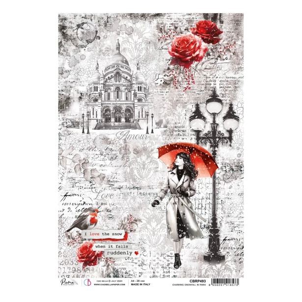 Papier ryżowy A4 CIAO BELLA -  CHARMING SNOWFALL IN PARIS, PARYŻ, NAPISY, KOBIETA