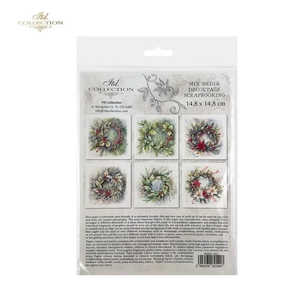 Zestaw papierów ryżowych 14,8x14,8cm świąteczne wianki
