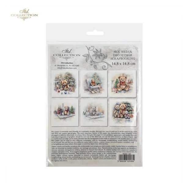Zestaw papierów ryżowych 14,8x14,8cm miś, choinka