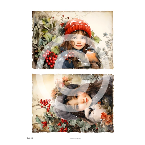 PAPIER RYŻOWY A4 - Boże Narodzenie, dziewczynka, ptaszek