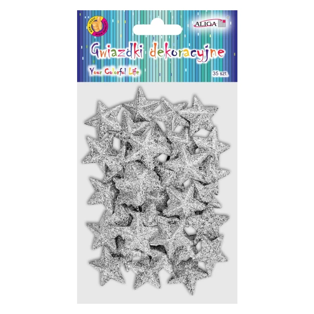 Gwiazdki SREBRNE z brokatem 35 sztuk