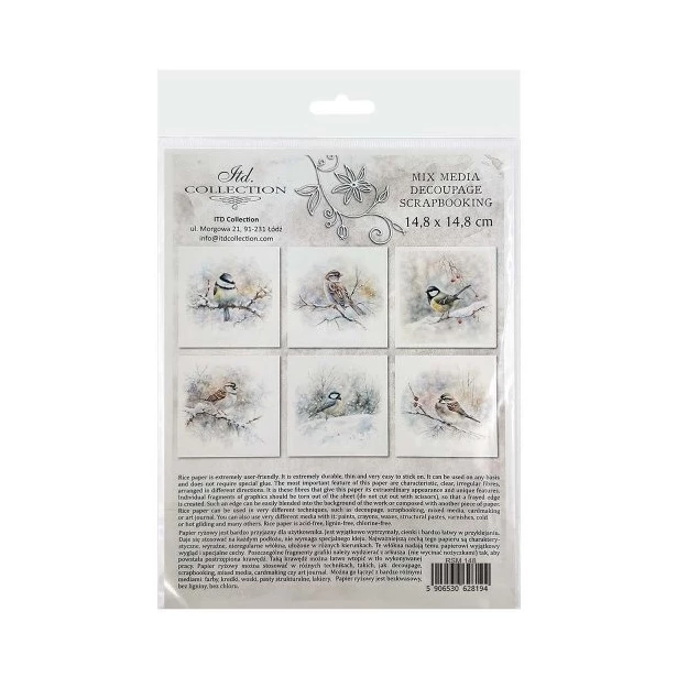 Zestaw papierów ryżowych 14,8x14,8cm  ptak, gałązka, zima