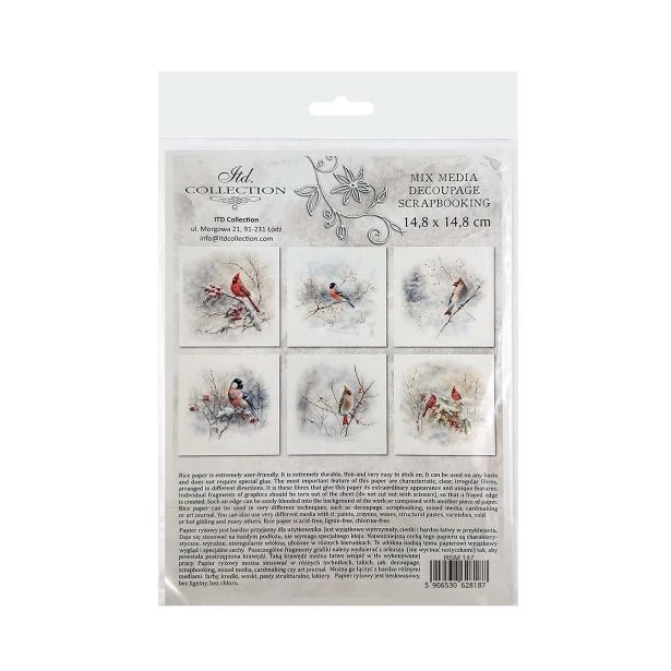Zestaw papierów ryżowych 14,8x14,8cm  ptak, gałązka, zima