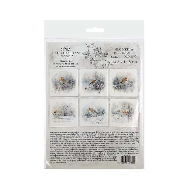Zestaw papierów ryżowych 14,8x14,8cm  ptak, gałązka, zima