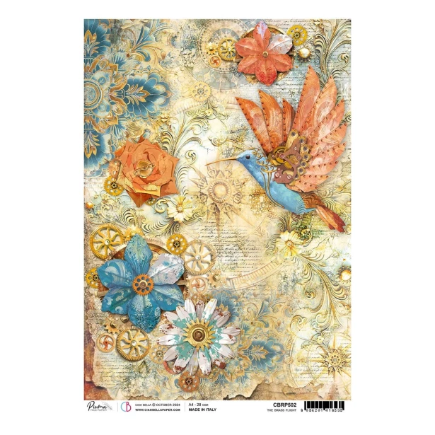 Papier ryżowy A4 CIAO BELLA - The brass flight, kwiaty, trybiki, ptak