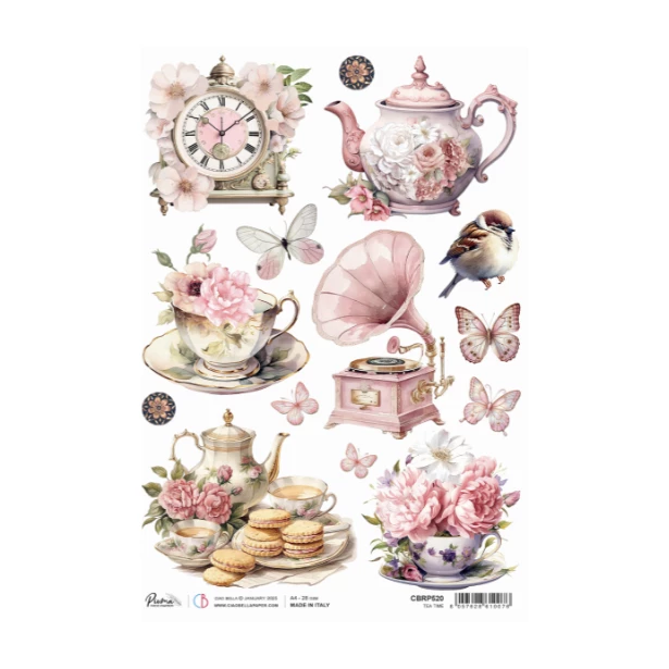 Papier ryżowy A4 CIAO BELLA - Timeless M Tea Time, Czajnik, Herbata, Kwiaty