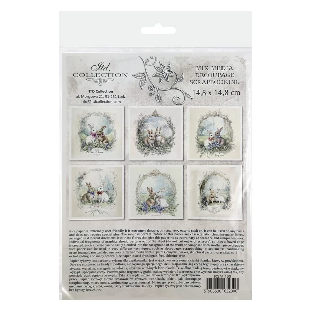 Zestaw papierów ryżowych 14,8x14,8cm Zające, jajko, ramka, Wielkanoc