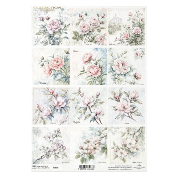 Papier ryżowy A4 - Wiosna, Kwiaty, magnolia, róża, peonie