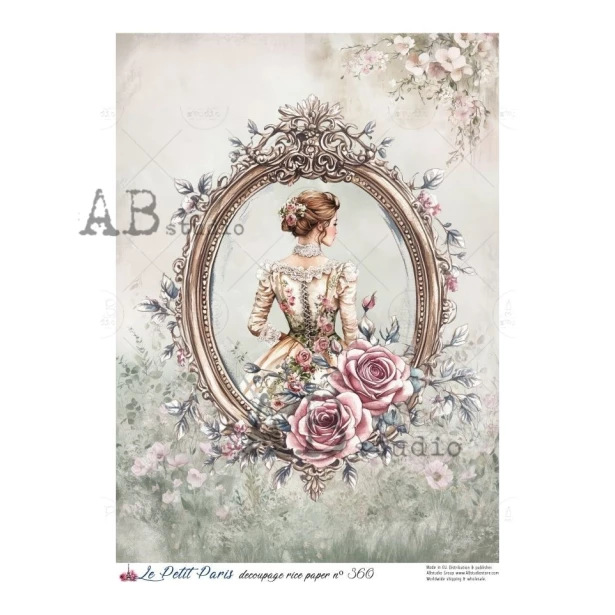 PAPIER RYŻOWY  A4 - Ramka, kobieta, kwiaty