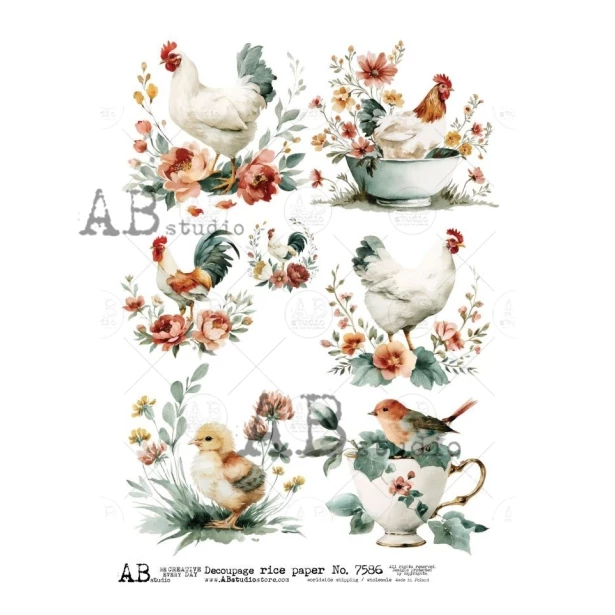 Papier ryżowy A4 - Kury, kwiaty, Wielkanoc